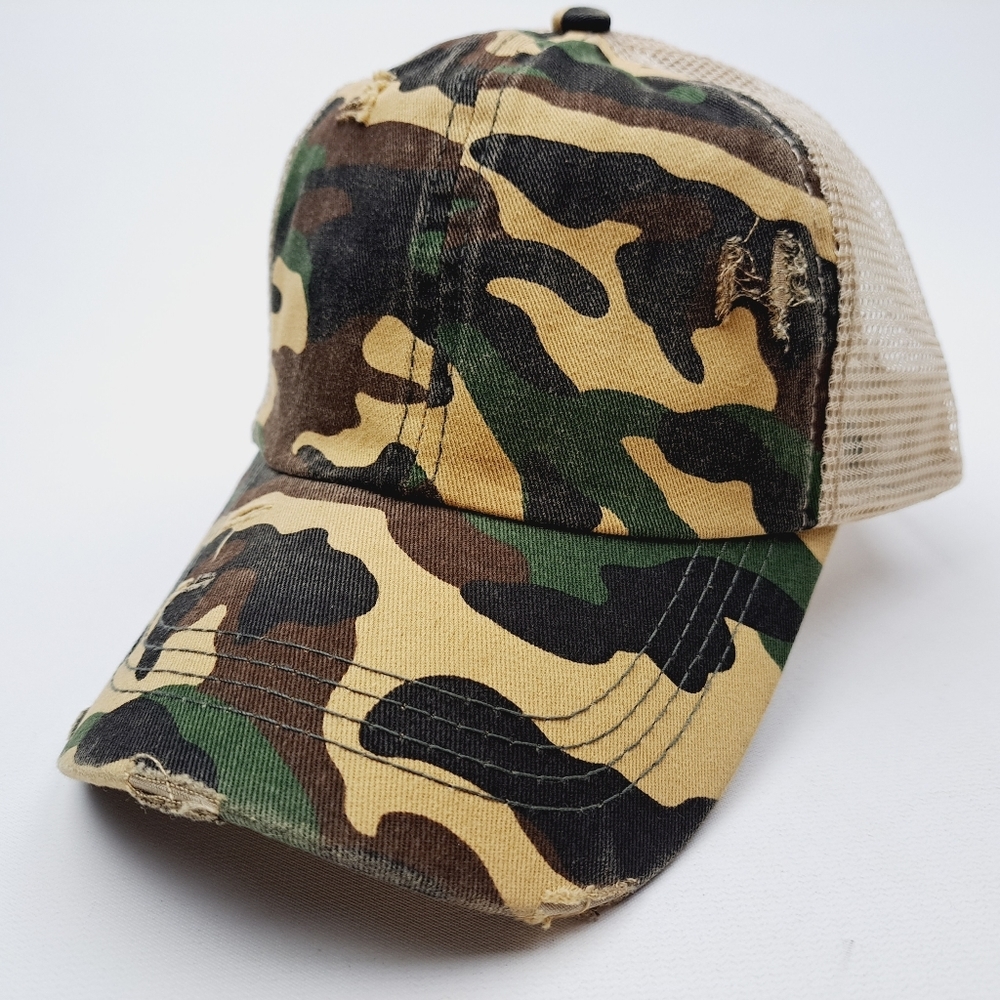 Camouflage Ponytail Criss-cross Mesh Trucker Women's Cap Hat Distressed